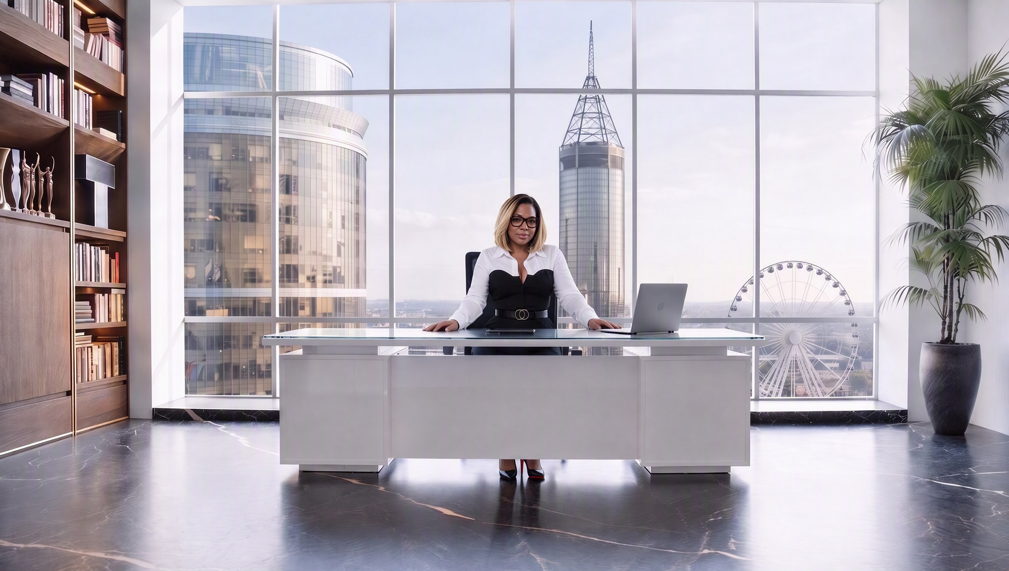 A bright office: Nina Thomas standing behind a white glass-top desk, centered in front of gridded floor-to-ceiling windows showing the Atlanta skyline in daylight, with a cylindrical tower echoing the Westin Peachtree Plaza, a lattice-spired tower echoing Bank of America Plaza, and a Ferris wheel in the distance. A backlit wood bookshelf with books and awards on the left, a potted palm on the right, black and gold marble floor.
