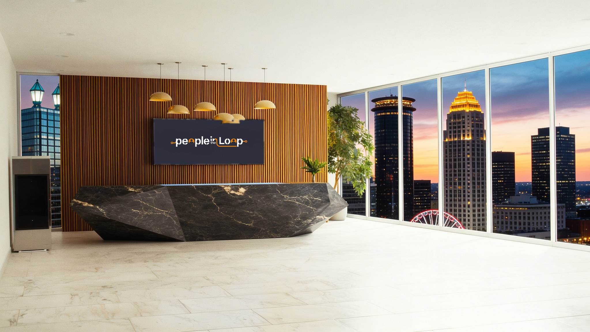 The People in the Loop reception: a faceted dark marble desk in a bright lobby, a wood slat wall carrying the People in the Loop logo on a navy panel, brass pendant lights, and floor-to-ceiling windows showing the real Atlanta skyline at dusk, including the Westin Peachtree Plaza's cylindrical tower, a tower with a golden illuminated crown, and the SkyView Atlanta Ferris wheel.